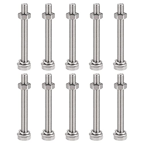 Image of uxcell M6 x 60mm Hex Head Screws Bolts, Nuts, Flat & Lock Washers Kits, 304 Stainless Steel Fully Thread Hexagon Bolts 10 Sets