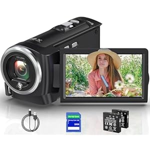 2.7K Video Camera Camcorder QHD 50MP YouTube Vlogging Camera 16X Digital Zoom Webcam 270 Degree Rotation Screen Camcorders with 32G SD Card and 2 Batteries Recording While Charging