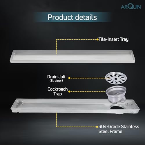 Image of ARQUIN Tile Insert Shower Drain Channel 24x4 Inch Bathroom Tile Insert Drain | 304 Grade Stainless Steel Waste Water Marble Floor Drain Channel with Cockroach Trap (1mm Thickness)