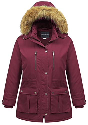 CREATMO US Women's Plus Size Winter Coat Waterproof Long Puffer Jacket Warm Military Thicken Parka with Fur Hood