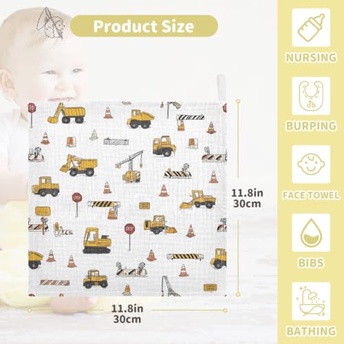 Image of vvfelixl Construction Trucks Baby Burp Cloths Baby Muslin Washcloths for Boys Girls Cotton Babys Face Towel for Newborn Soft 11.8 X 11.8 in, 5 Pack
