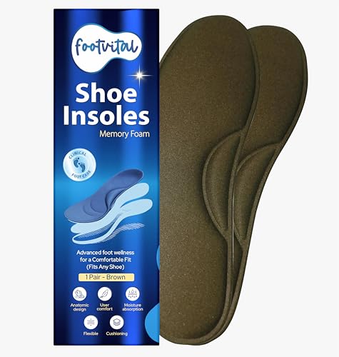Image of Footvital Memory Foam Shoe Insoles - Size 6 (Brown) (1 Pair) – Comfort Cushion Insoles for Men & Women, Shock Absorbing Shoe Inserts for Everyday Walking, Work Shoes & Sneakers – Soft Fit Foot Support