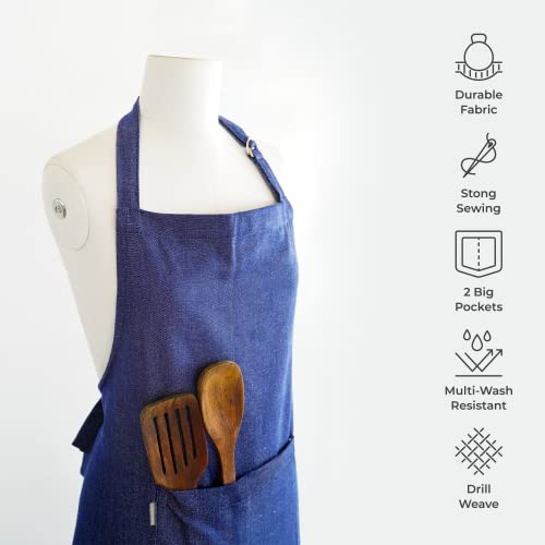 Mellow Buff 2 Pack Chef Apron, 100% Cotton Kitchen Apron With An Adjustable Neck With Long Ties, For Cooking, Baking | Denim Blue & Charcoal #TOP1