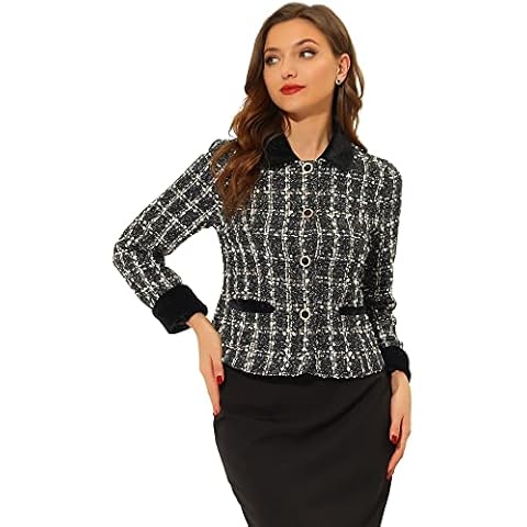 Allegra K Damen Tweed Blazer Langarm Revers Knopfleiste Kariert Samt Elegant Jacke Schwarz XS Cover