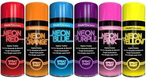 A collection of six spray paint cans in vibrant neon colors: red, orange, blue, purple, pink, and yellow, arranged side by side on a surface.