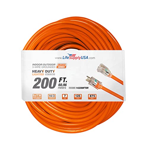 200 ft Power Extension Cord Outdoor & Indoor Heavy Duty 14 Gauge/3 Prong SJTW (Orange) Lighted end Extra Durability 7 AMP 125 Volts 875 Watts by LifeSupplyUSA