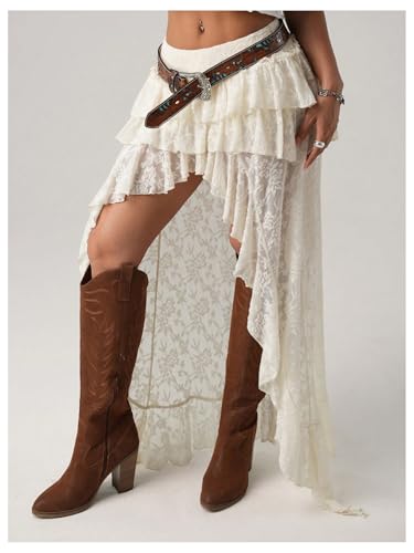 SHENHE Women's High Low Lace Skirt Low Rise Layered Ruffle Western Boho Hippie Fairy Long Skirt4