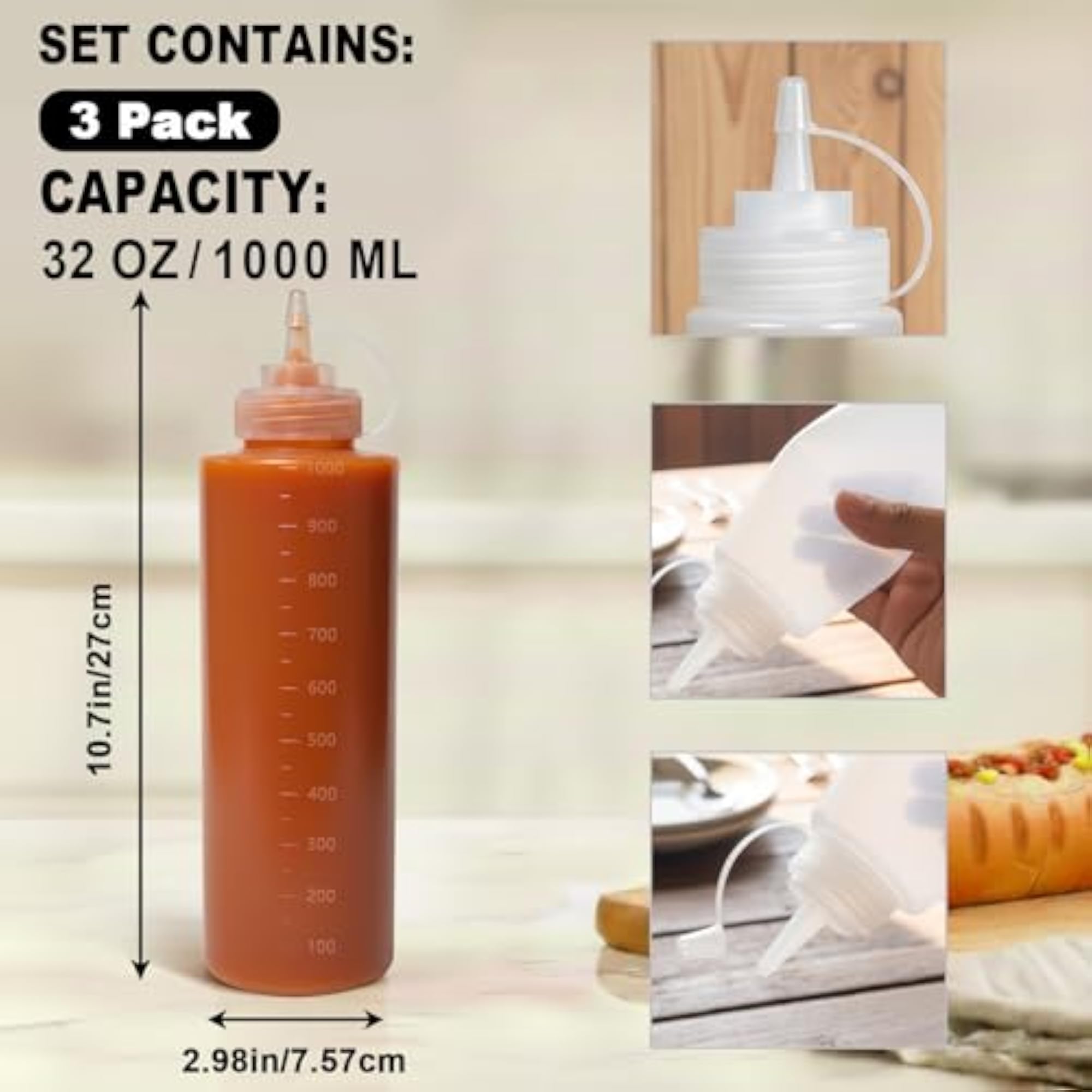 3-Pack 32 oz BPA-Free Plastic Squeeze Bottles for Condiments