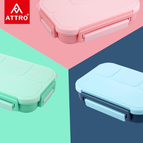Image of ATTRO Gourmet 4 Compartment Lunch Box Portable Meal Organizer for Office, School BPA-Free, Food Grade, Freezersafe, Microwave & Oven Safe 1000ml Blue, Plastic