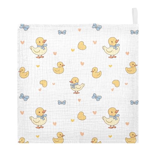 Image of vvfelixl Baby Muslin Washcloths Duck with Ribbon Baby Burp Cloths Cotton Babys Face Towel for Newborn Infants Boys Girls Soft and Absorbent 11.8 X 11.8 in, 3 Pack