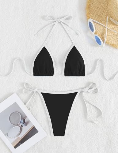 Image of Tainehs Women's Sexy Halter Thong Bikini Tie Two Sides Bottom Triangle Bikini Swimsuits