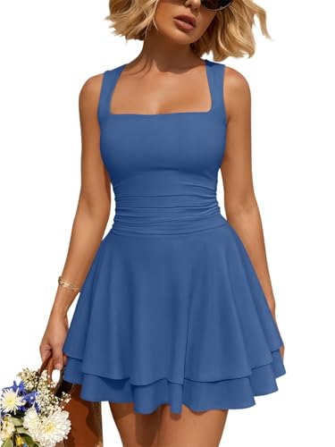 Image of Trendy Queen Women's Square Neck Summer Party Flowy Ruffle Hem Ruched Waist Mini Dress