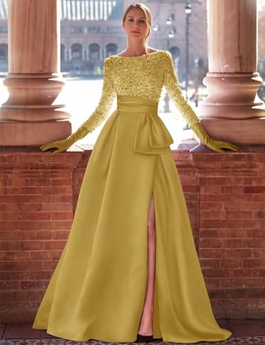 Long Sleeve Formal Dresses for Women 2025 Satin Sequin Ball Gowns A Line Corset Sparkly Evening Dresses with Slit3
