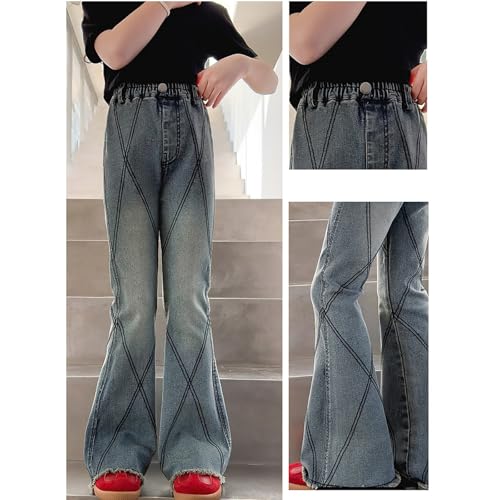 BILIKEYU Girls Flared Denim Pants Tassels Trim Elastic High Waist Stretchy Slim Fit Jeans with Pockets3