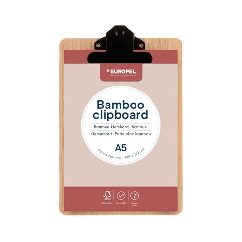 EUROPEL Bambus Klemmbrett A5 Hartfaserplatte mit Metallclip & Aufhängeloch Clipboard für Schule Büro Lager Restaurant nachhaltig leicht A5 Hochformat 230x160mm