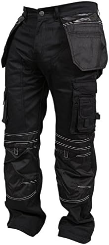 Newfacelook Mens Cargo Trousers Working Pants Cordura Knee Pockets, Black, 34W x 32L
