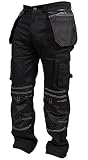 Newfacelook Mens Cargo Trousers Working Pants Cordura Knee Pockets, Black, 34W x 32L