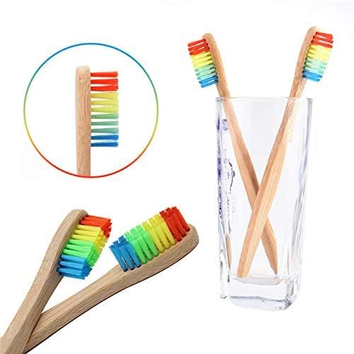 Miniatura 2 de GENKENT 10 cepillos de dientes de bambú natural de carbón de bambú hecho con cerdas suaves arcoíris sin BPA en color ecológico, cerdas de madera