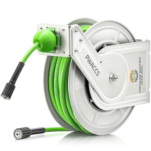 PWACCS Retractable Pressure Washer Hose Reel Heavy Duty Power Washer Hose Reel 1/4 x 60ft High Pressure Reel Auto Rewind Wall/Floor Mounted 3600 PSI