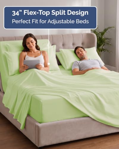 Image of Extra Deep Flex Top Split Head King Sheet Set - 6 Piece Breathable and Cooling Sheets - Hotel Luxury Bedding for Women, Men, Kids & Teens - Easy Secure Fit - Extra Deep Pockets - Light Sage Green