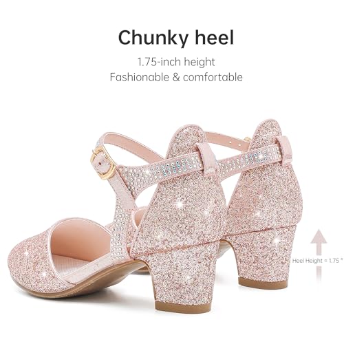 Laurmosa High Heels For Girls Dress Sandals Flower Girl Shoes For Wedding Party Gold Pumps Closed Toe Ankle Strap Princess Low Heel For Big Kids thumb #5