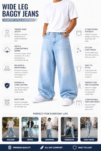 KULAKAS Men's Baggy Wide Leg Jeans Light Blue - Image 7