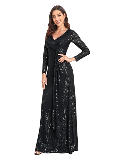 Glitter Sequin Formal Evening Gown Long Sleeve V Neck Wedding Guest Dress for Women