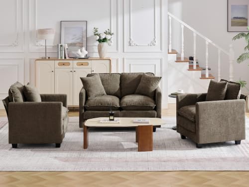 Image of Cloud 3 Pieces Sofa Set, 1+1+2 Seater Couch, Modern Sofas Sets with Deep Seat, Modular Sectional Couches Sets for Living Room, Bedroom, Small Apartment, Brown