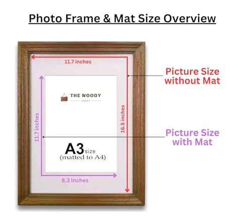 Image of A4 Size Wooden Photo Frame with Mat, Brown Photo Frame for Wall Decoration, Home Decor for Wall Hanging, Best Wooden Photo Frame for Posters and Photos (A3 Size Matted to A4 Size)