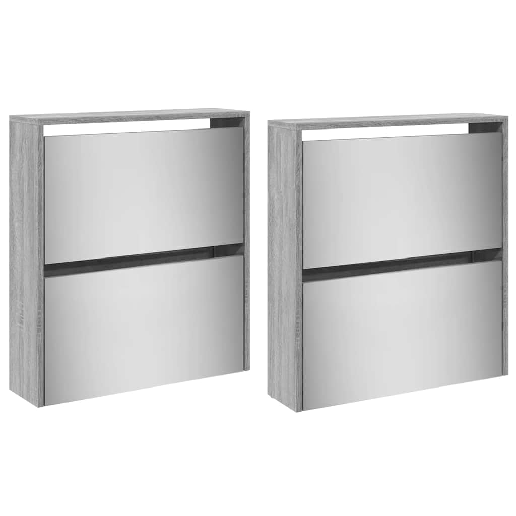 Zapatero con espejo 4 compartimentos basculantes gris Sonoma 63 x 17 x 134 cm, zapatero para pasillo y entrada, diseño moderno con mucho espacio de almacenamiento