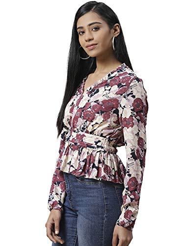 Image of IVES Women's Printed Polyester Full Sleeves | V Neck | Regular Fit Crop Top