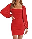 MEROKEETY Women's 2023 Square Neck Long Sleeve Mesh Ruched Bodycon Cocktail Party Mini Dress Red Medium
