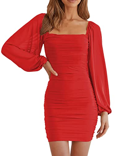 Image of MEROKEETY Women Square Neck Lantern Long Sleeve Mesh Ruched Bodycon Clubwear Mini Dress
