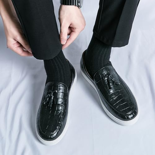 Image of Men's Pattern Leather Platform Slip On Tassel Loafers Comfortable Round Toe Low Top Non-Slip Casual Dress Shoes Flat Penny Loafer for Dating Business Party