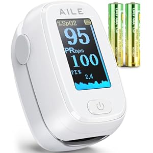 AILE Pulse Oximeter with Fingertip Oxygen Meter, Compact Fingertip Pulse Oximeter – Blood Oxygen/Heart Rate Monitor – 4 Color Screen Display – Including 2AAA Batteries for Athletic & Home