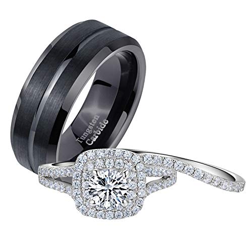 Newshe Wedding Rings Set for Him and Her Women Mens Tungsten Bands Cz 925 Sterling Silver Black 11&8
