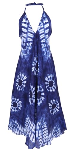 GURU SHOP Boho Sommerkleid, Maxikleid mit Batik-Druck, Neckholder Strandkleid - Blau, Damen, Synthetisch