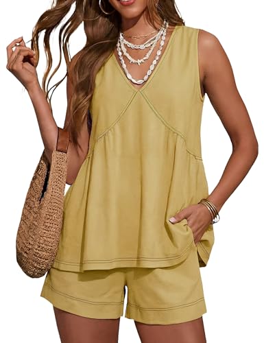 Hooever Women's Sleeveless V Neck Ruffle 2 Piece Set Loose