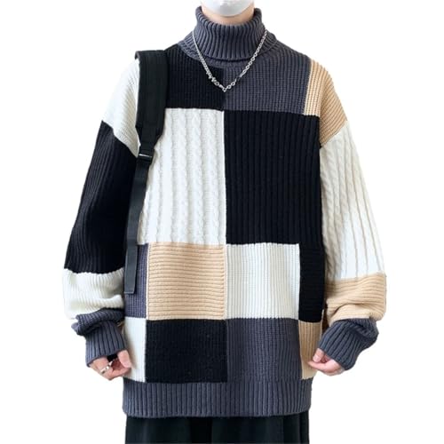 Men's High Neck Sweater Patchwork Knitwear Pullover Loose Fit Casual Winter Outfit Warm Long Sleeve Top 6