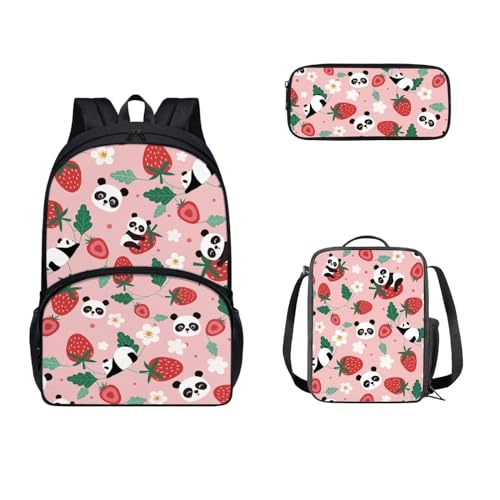 Zaino scolastico da con portapranzo e custodia per matite set per bambini e scuole medie molte tasche Panda 17 pollici fragola