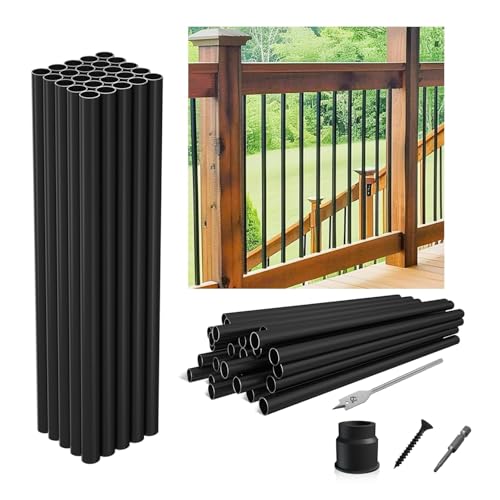 Wqinjk - 32"-50Pack Aluminum Deck Balusters Hollow Round Deck Railing Spindles Matte Coated Black for Wood and Composite Deck Indoor Outdoor