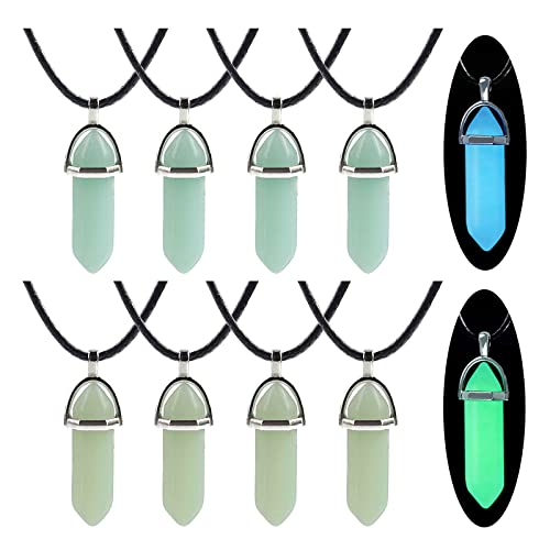 TXIN Glow in the Dark Crystal Pendant Necklace, Luminous Hexagonal Moonstone, Fluorescent Stone, Glowing Gemstone Quartz With Black Leather Chain for Women Men