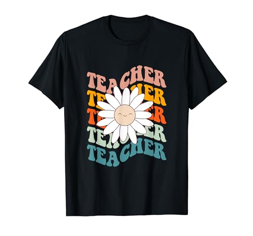 Escuela Groovy Teacher, retro, cara sonriente, margarita, amante de las flores Camiseta
