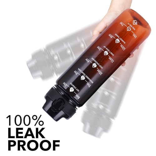 Image of 32oz Motivational Water Bottles with Time Marker & Fruit Strainer, Transparent Gradient Color Water Bottle with Times to Drink, Leakproof & BPA Free, Reusable Bottle with Strap (No Straw)