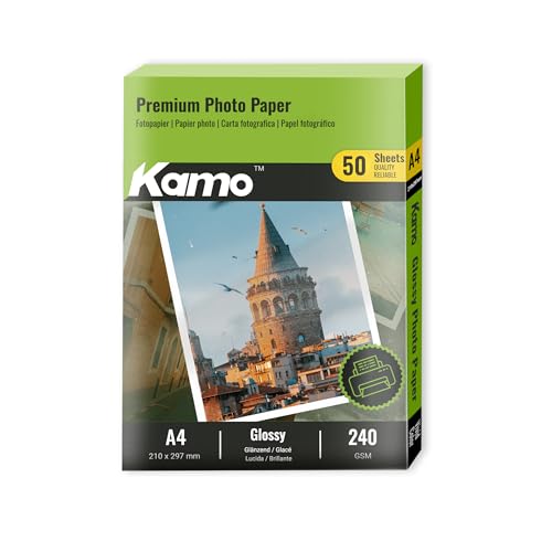Kamo Papel Fotográfico Brillante A4, 240 g/m², 50 Hojas – Ideal para Fotos, Pósters y DIY, Compatible con Impresoras de Inyección de Tinta