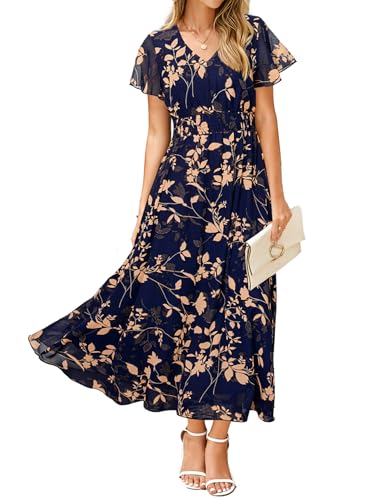 Image of Simplee Womens Floral Maxi Dress - Short Sleeve Summer Boho Wedding Guest Dress Empire Waist Chiffon Modest Midi Dresses