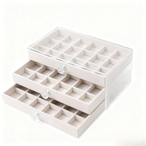 KuBen アクセサリーケース 3 段引き出し!54 区画仕切り 大容量 イヤリング/ピアス/ネックレス収納 宝石ディスプレイ小物ボックス (ベージュ,三階54区)