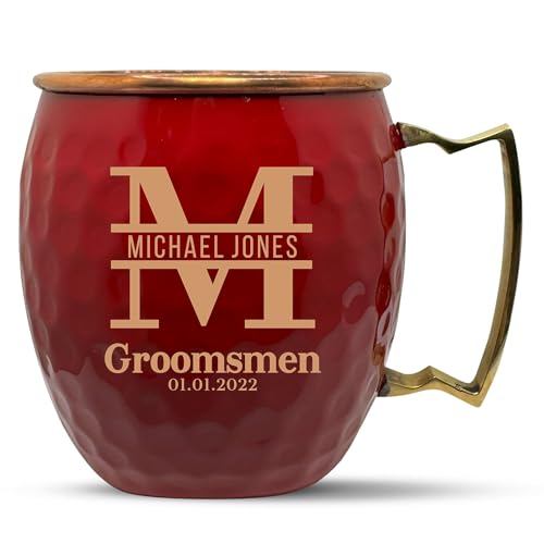 Custom Copper Moscow Mule with Hammered Painted Finish - Engraved Bar Style 100% Copper Cup with Personalized Groom Monogram Wedding Themed Engraving, Brass Handle | 18 oz, Red