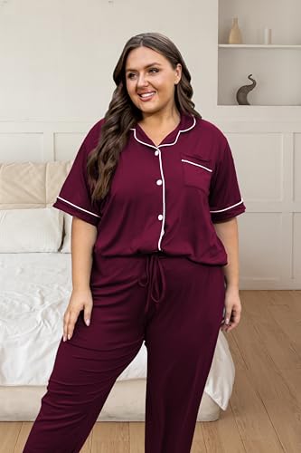 Image of Vozanet Women's Plus Size Pajamas Button Down Shirt and Pants Soft Lounge Sets Bride Nighty Bottom with Pockets 1x to 5x