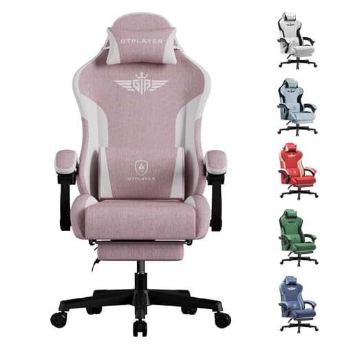 Image of GTPLAYER Gaming Chair, Computer Office Chair Lumbar Support, Linkage Armrests and Footrest, Ergonomic Game Chair for Adults with Extended Backrest, Linen Fabric, Pink